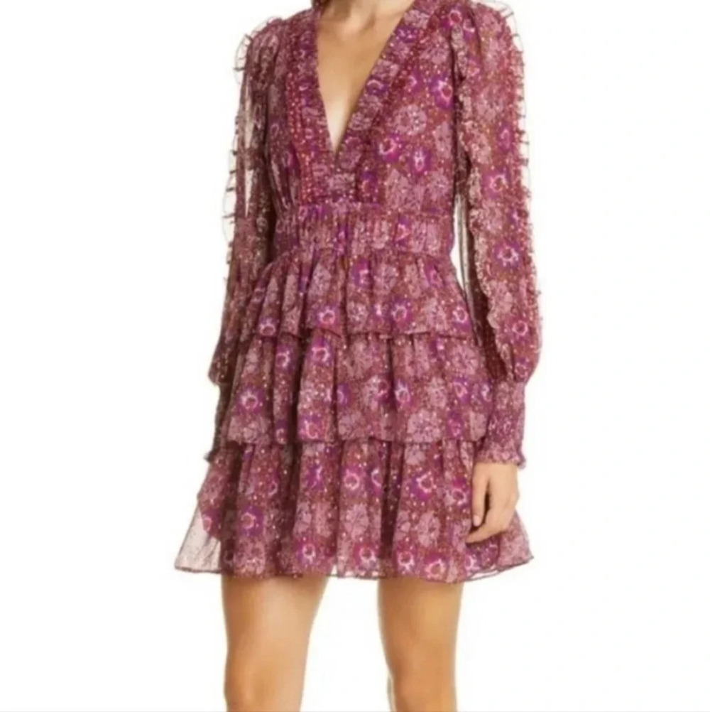 House Of Harlow Tiered 1960 Floral Mini Dress Berry Size 10 longsleeve womens